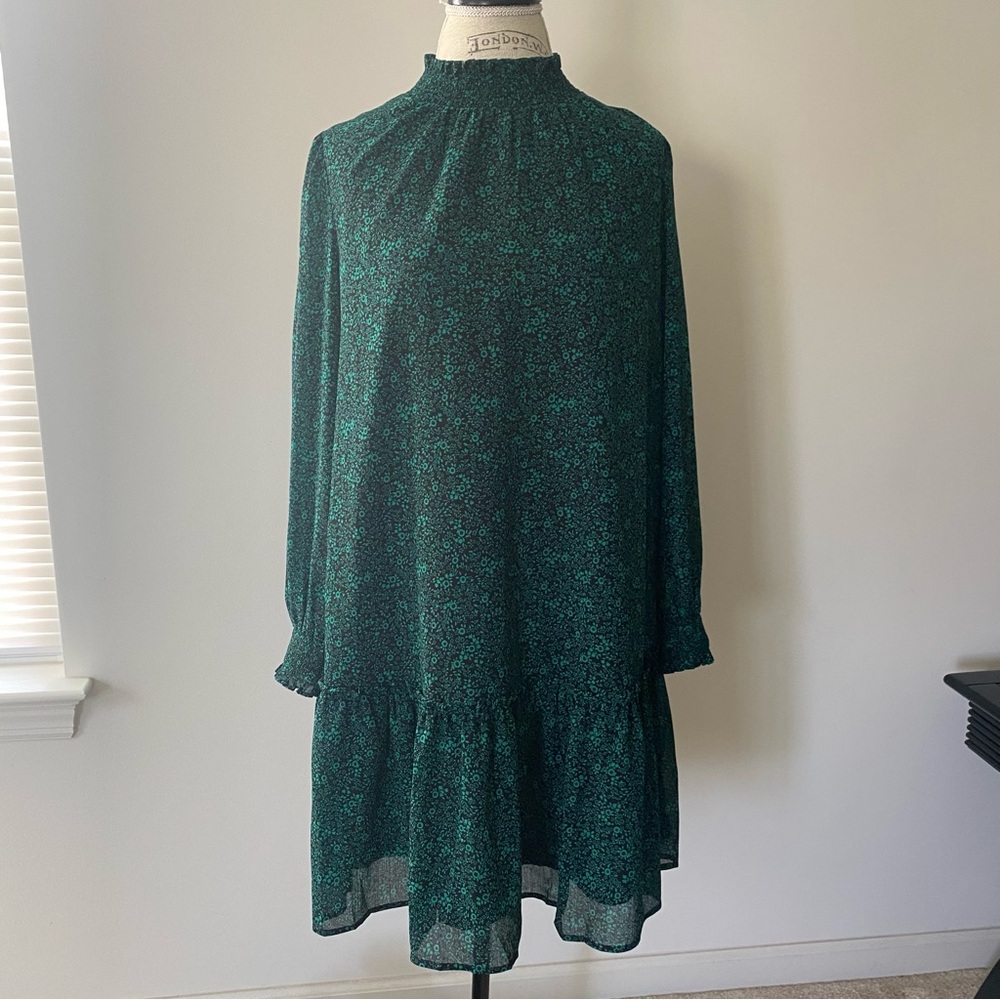 NWT J. Crew Smocked Green Floral Mock Neck Easy Dress